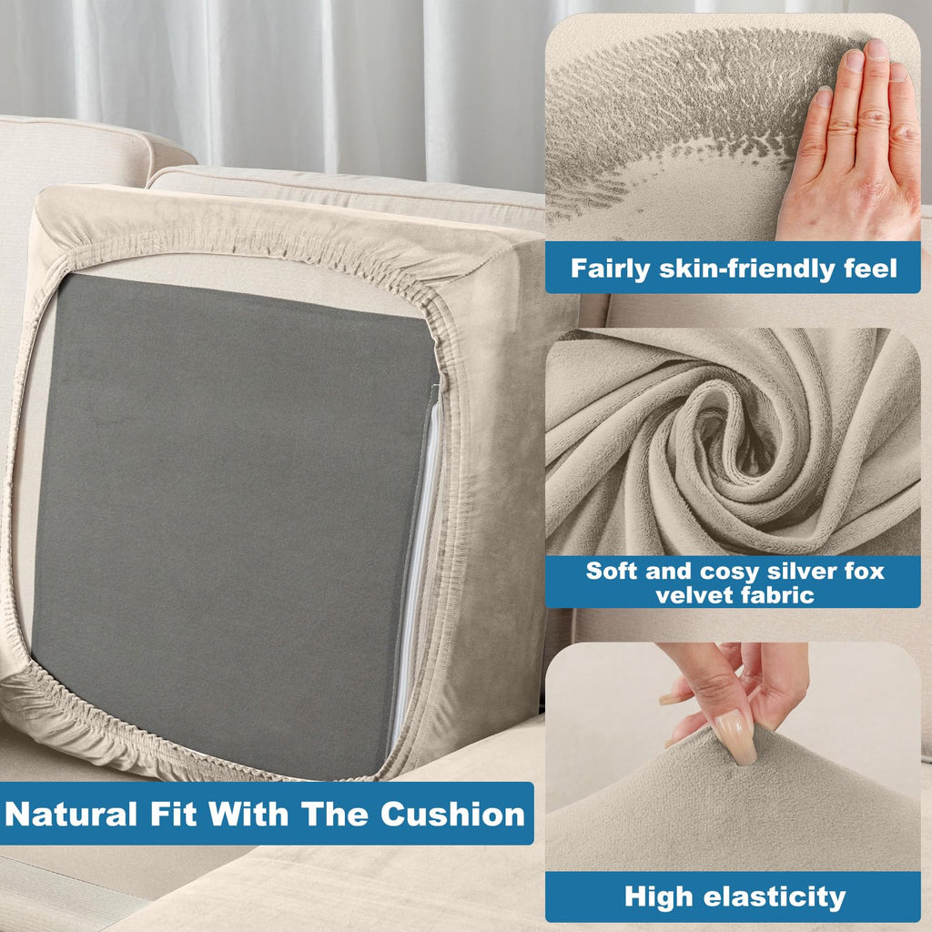 Taque Couch Cover Stretch Velvet Sofa Cushion Cover 1-Piece - Elastic Washable Slipcover for Seat or Backrest, Couch Seat Covers for Sofas (Taupe)