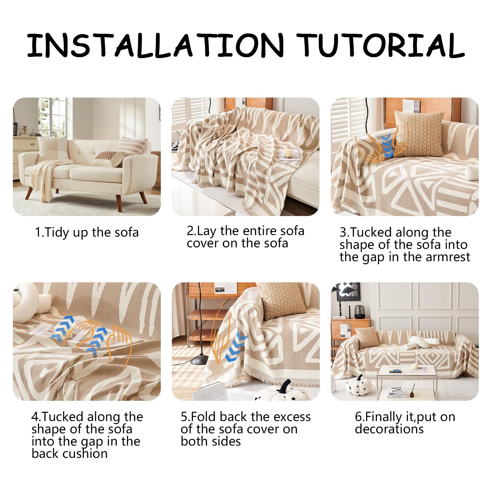 HANDONTIME Sofa Covers for Sectional Sofa Set Boho Couch Cover for Dogs Khaki Throw Couch Cover with Tassel Loveseat Covers Futon Cover L Shaped Cover Washable Chenille Couch Protector, 71" X118"