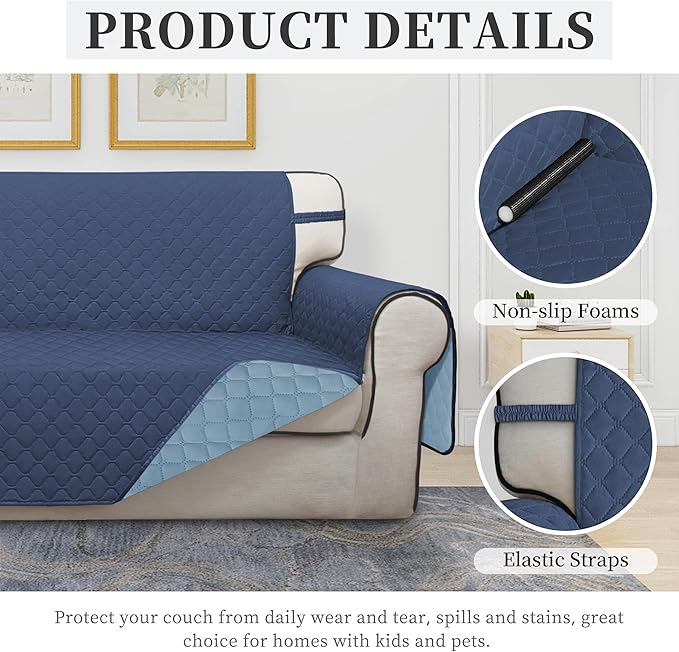 ISSUNTEX Double Protection 100% Waterproof Loveseat Covers for Living Room, Couch Covers for 2 Cushion Couch Sofa, Reversible Furniture Protector Sofa Cover for Dogs (Loveseat, Dark Blue/Light Blue)