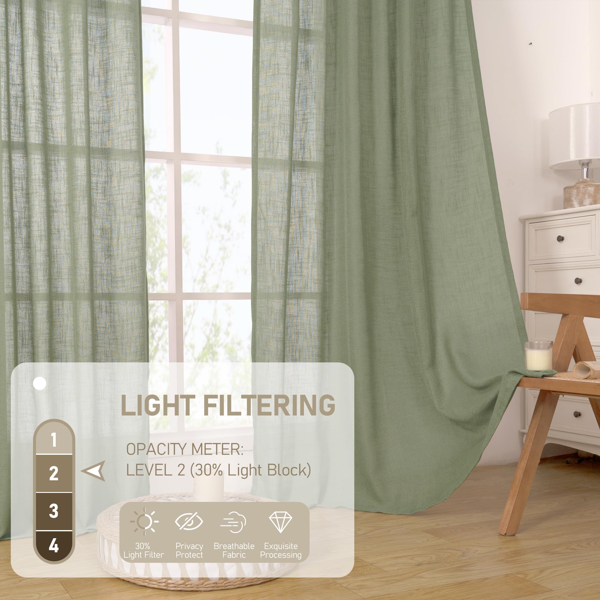 LAMIT Short Window Linen Curtains 36 Inch Length 2 Panels, Sage Green Light Filtering Panels Back Tab and Rod Pocket Neutral Drapes for Bathroom/Loft Room, 34 x 36 Inch