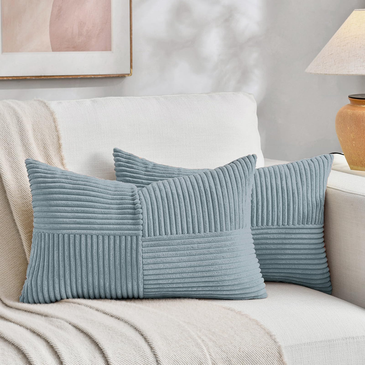 Fancy Homi 2 Packs Burnt Orange Lumbar Decorative Throw Pillow Covers 12x20 Inch for Living Room Couch Bed Sofa, Farmhouse Boho Home Decor, Soft Striped Corduroy Rectangle Accent Cushion Case 30x50 cm