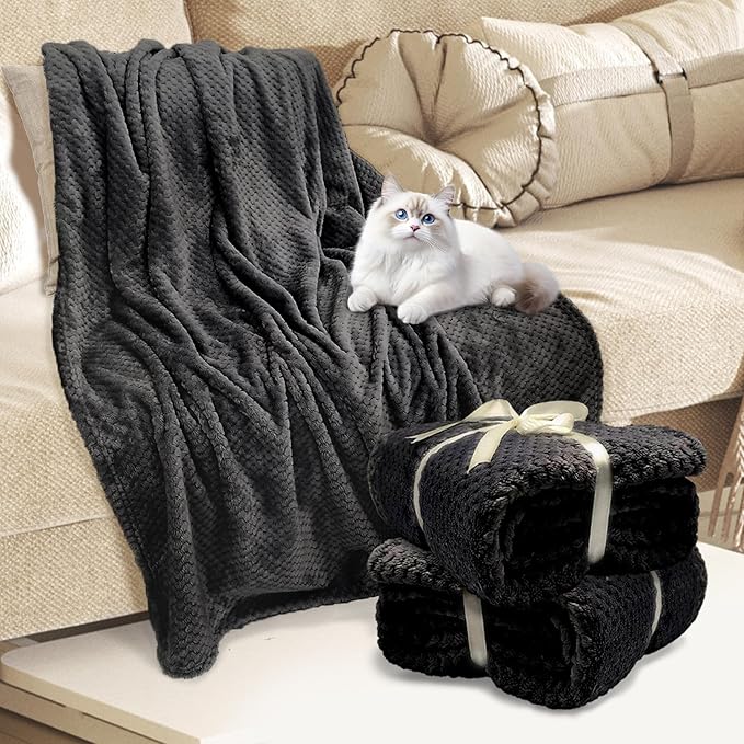 Tewloss 4 Pack Fleece Throw Blankets 50x60 Inches - Oeko-Tex Certified 100, 270 GSM Ultra Soft Plush for Bed, Couch and Cozy Gifts. 3D Waffle Texture, No Shedding No Pilling All Season (Black)