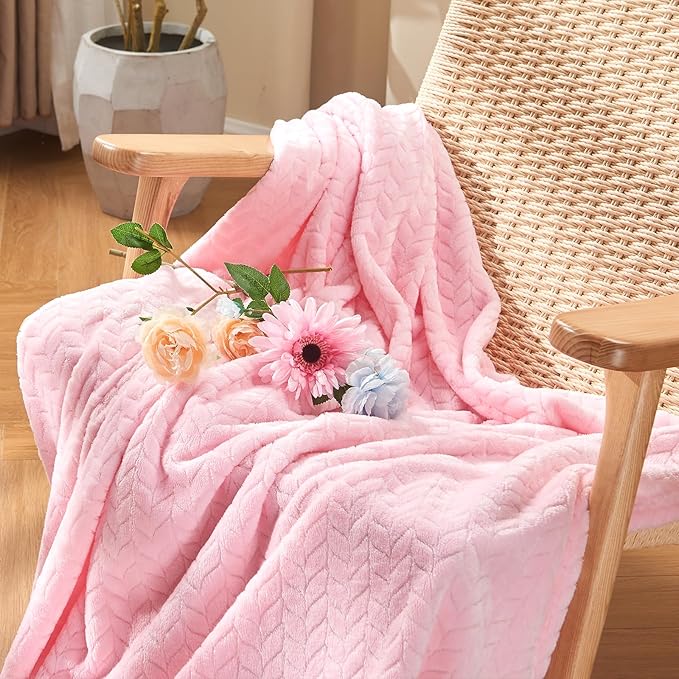 inhand Pink Fleece Twin Blanket, Super Soft Flannel Cozy Blankets for Adults, Lightweight Leaves Pattern Fuzzy Blanket for Couch Sofa Bed Office, Warm Plush Blankets for All Season, 60x90 Inches
