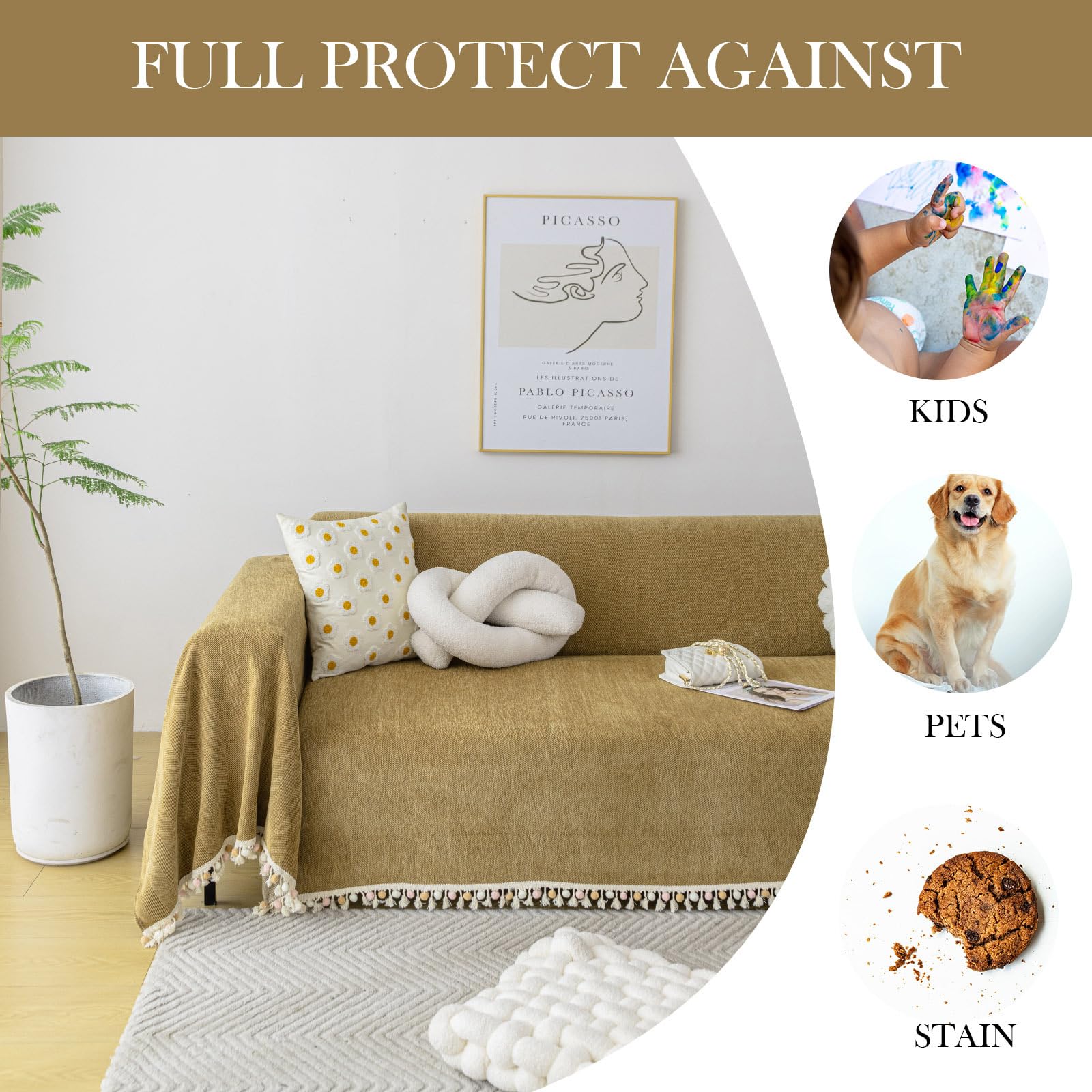 HANDONTIME Couch Covers for Pets Boho Mustard Yellow Love Seat Couch Covers Brown Sofa Cover for Dogs Pet Couch Protector Chenille Tassel Sofa Slipcovers Sofa Throw Cover Boho Decor, 91" X118"