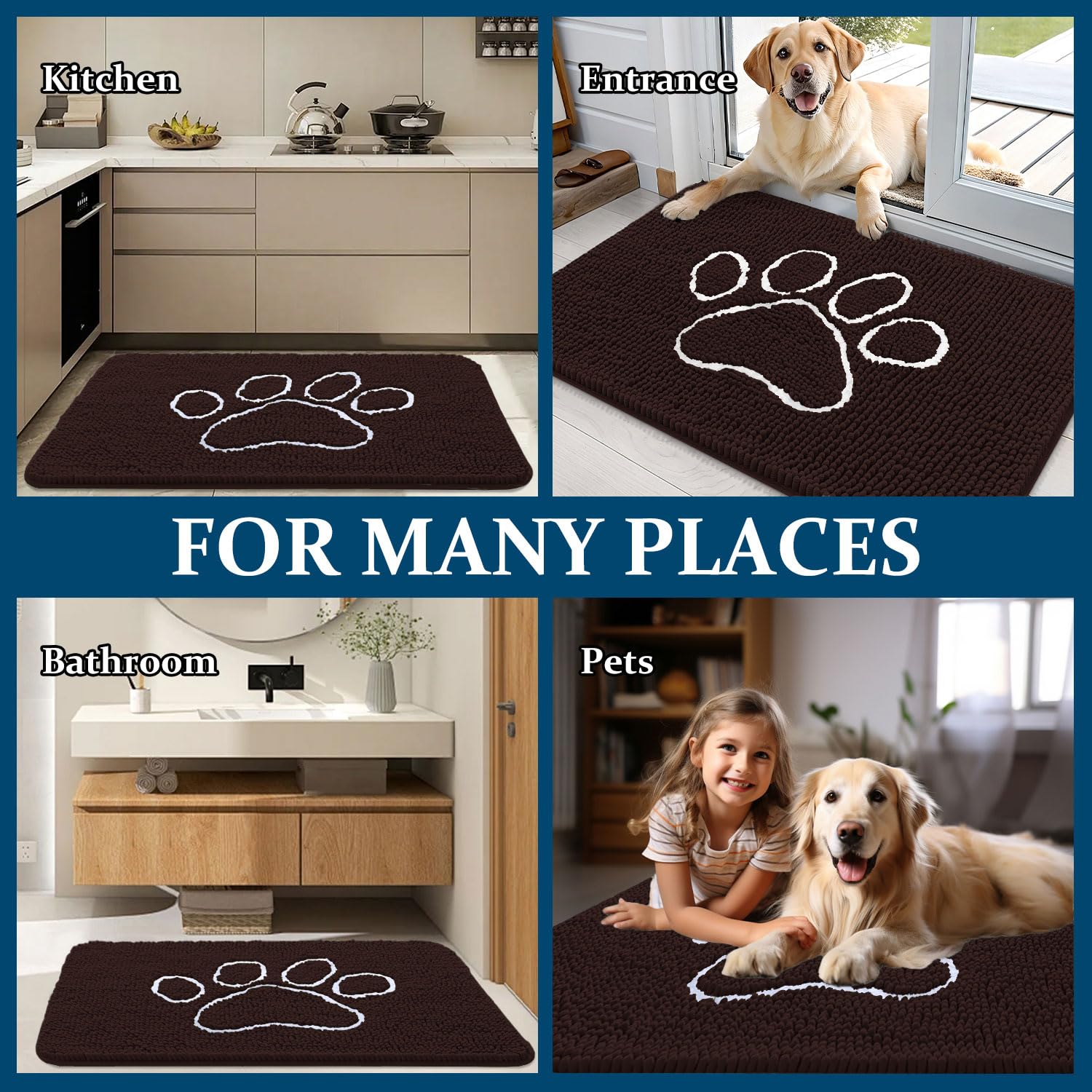 OLANLY Dog Door Mat for Muddy Paws 59x35, Paw Print Design Chenille Mud Mat