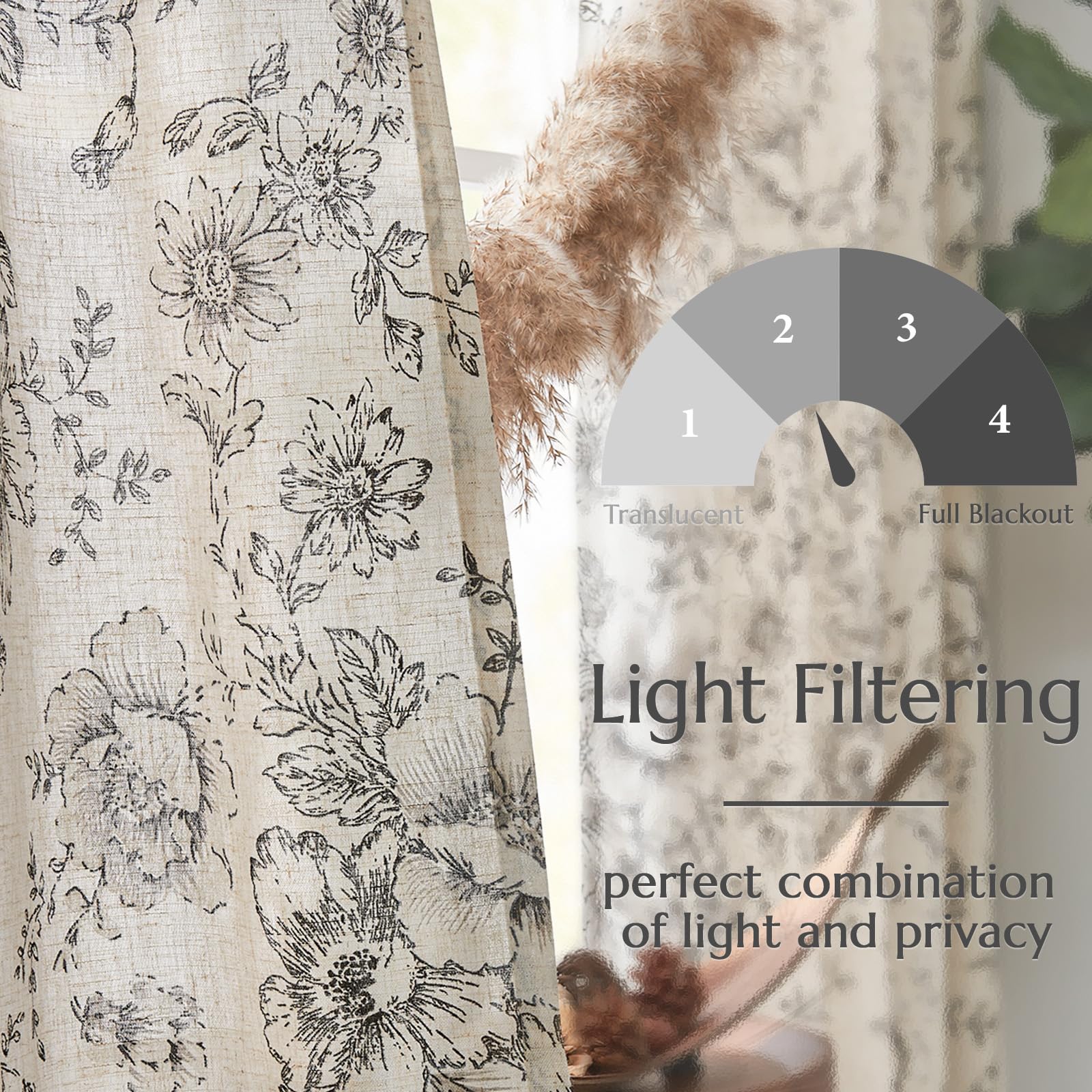 jinchan Floral Linen Light Filtering Curtains for Living Room 96 Inches Long