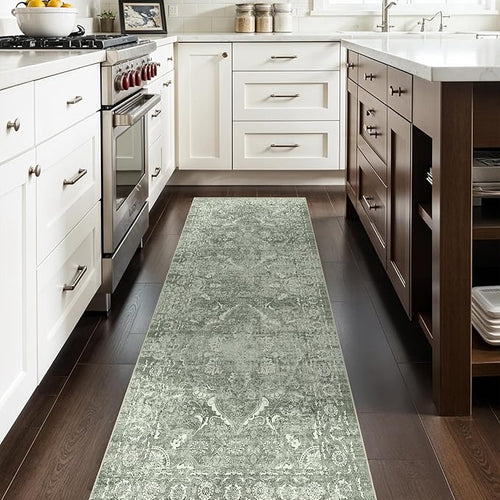 2'6"x8 Washable Runner Rug: Vintage Non-Slip Rug for Kitchen SageGreen
