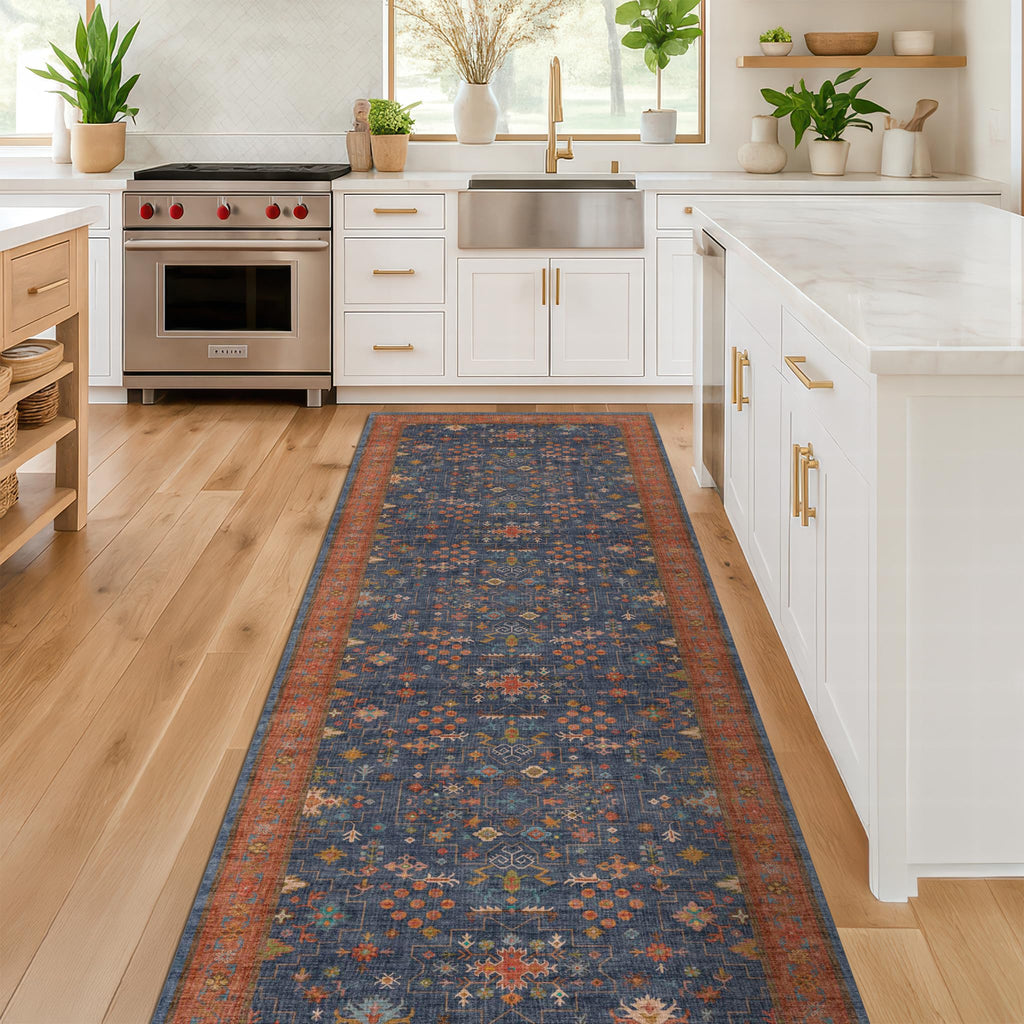 Washable 8 ft Long Runner for Kitchen Floor - Navy Blue Hallway Runner Rug, Pet Friendly Waterproof Non Slip with Rubber Backing, Stain Resistant Laundry Room Rug (2'6"x8' Navy Blue & Terracotta)