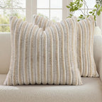 decorUhome Summer Cozy Faux Fur Throw Pillow Covers 20x20 Set of 2 Decorative Soft Plush Striped Modern Farmhouse Boho Couch Pillow Cases with Velvet Back for Sofa Bed Living Room, Beige White