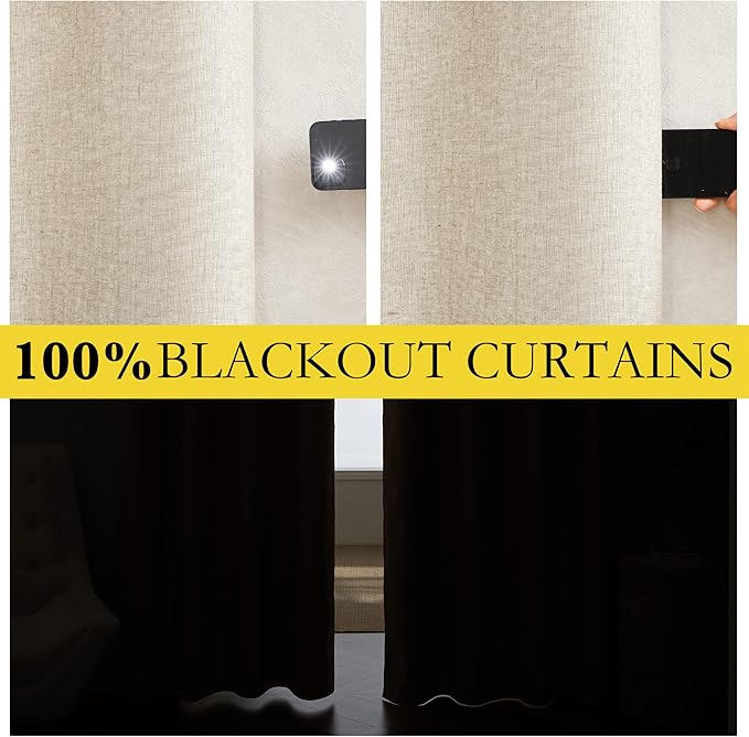 NICETOWN Beige Living Room Completely Shaded Linen Draperies, 2 Pieces, W62 x L72, Privacy Protection & Noise Reducing Ring Top Drapes, White Lined Insulated Window Treatment Curtain Panels