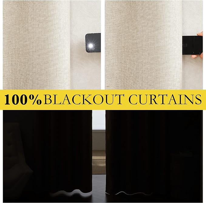 NICETOWN 100% Absolutely Blackout Linen Curtains with Thermal Insulated White Liner, Beige, W62, 2 Pieces, Noise Reducing Textured Linen Look Curtains for Windows 102 inch Length for Classroom
