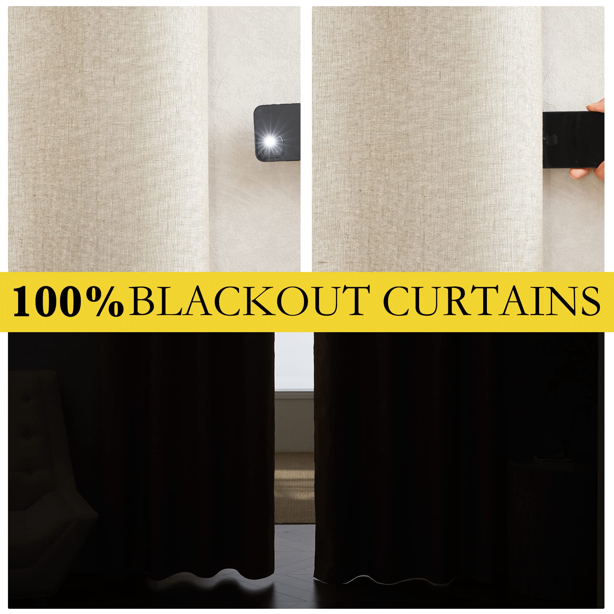 NICETOWN 100% Absolutely Blackout Linen Curtains with Thermal Insulated White Liner, 52" W, 2 PCs, Beige, 102" Long Drapes Sweep The Floor Decorative Keep Privacy Panels for Living Room/Villa/Bedroom