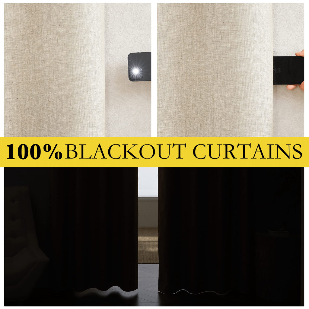 NICETOWN 100% Blackout Linen Texture Curtains 80" Long, Beige, 2 Pcs, Thermal Insulated Full Blackout 2-Layer Lined Drapes, Energy Efficiency Window Draperies for Boy's Room