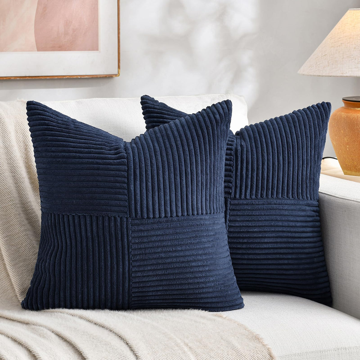 Fancy Homi 2 Packs Tan Decorative Throw Pillow Covers 18x18 Inch for Living Room Couch Bed, Rustic Farmhouse Boho Home Decor, Soft Corss Corduroy Patchwork Textured Square Beige Cushion Case 45x45 cm