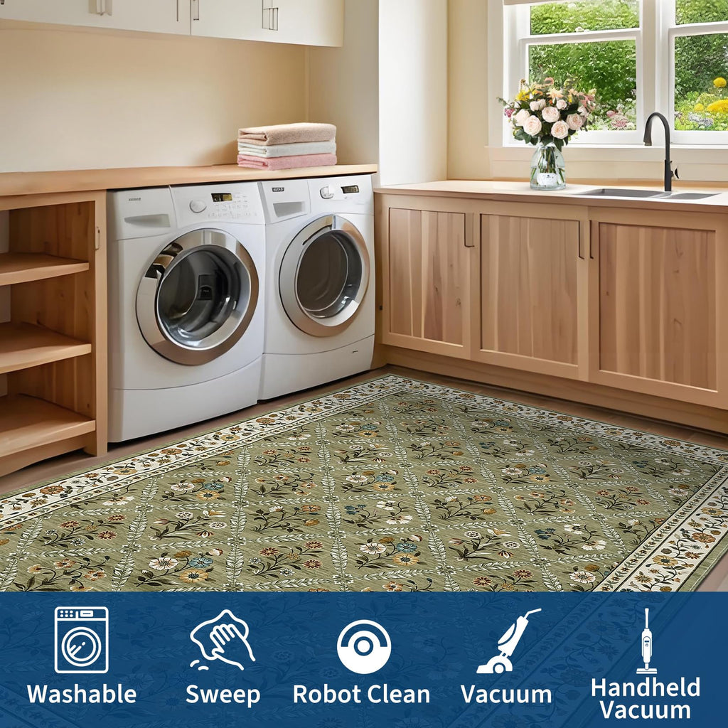 GarveeHome Large Entryway Rug 3x5 Floral Washable Area Rugs Vintage Soft Non-Slip Small Floor Carpet Doormat Stain Resistant Low-Pile Ultra-Thin Entry Mat for Bedside Kitchen Green