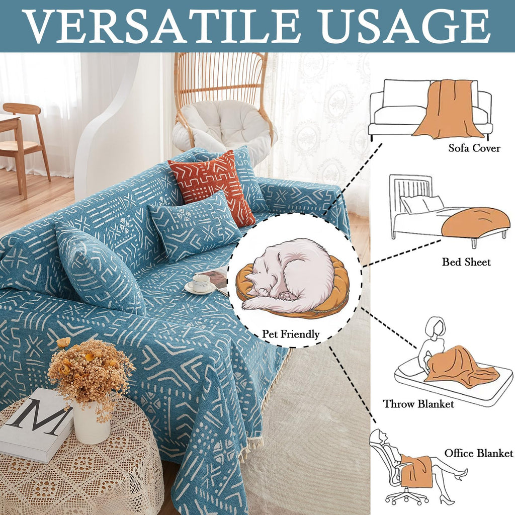 HANDONTIME Turquoise Couch Protector for Dogs Boho Tassel Blue Couch Cover Farmhouse Sofa Covers Aztec Tribal Couch Covers for 3 Cushion Couch Sofa Universal Sofa Slipcover for Home décor, 71" X118"