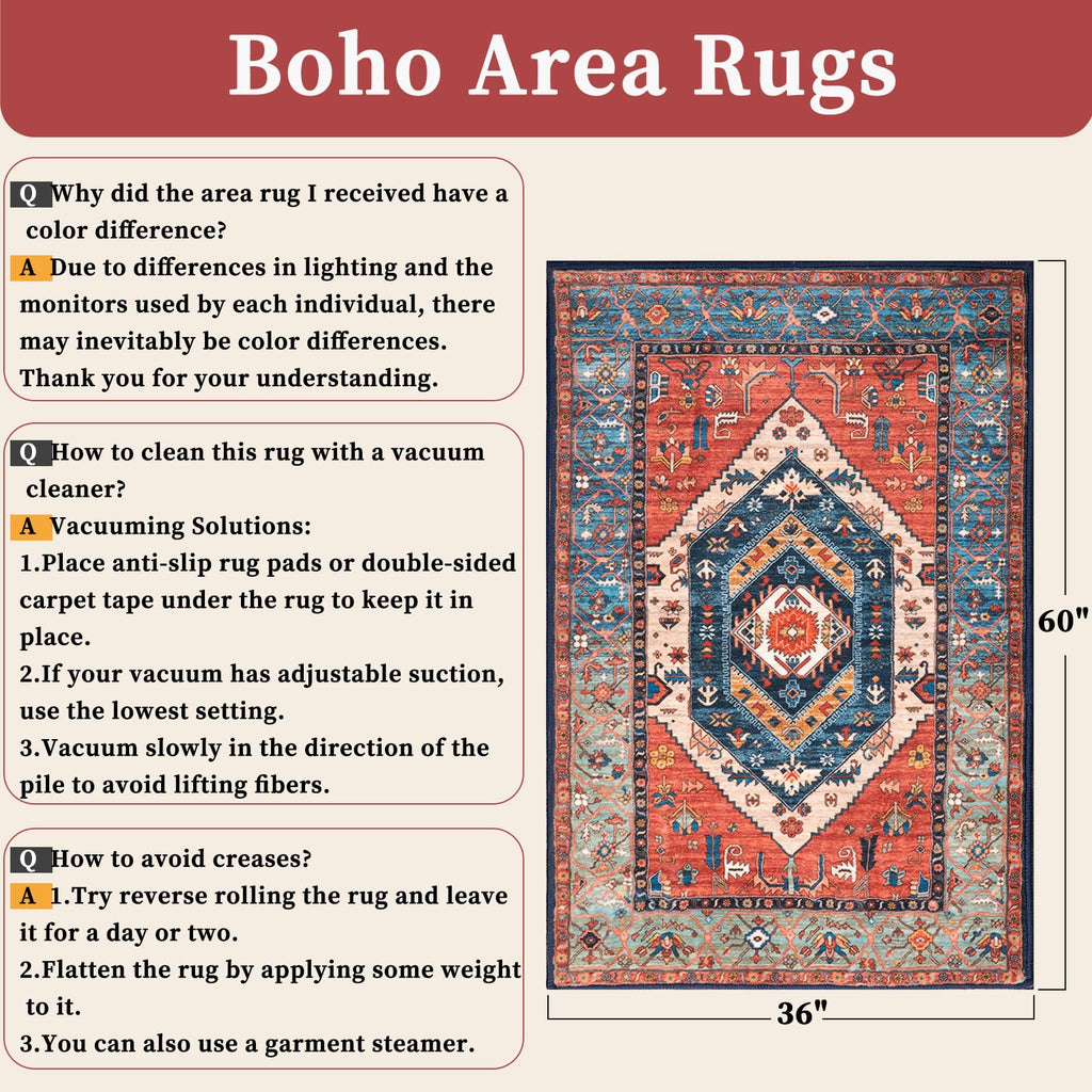 SERISSA 3x5 Washable Non Slip Boho Area Rug for Bedroom，Rust