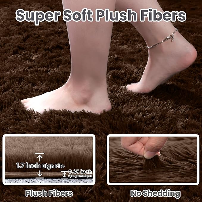 2x6 Fluffy Shag Area Rugs for Living Room Bedroom: Soft Plush Carpet Brown