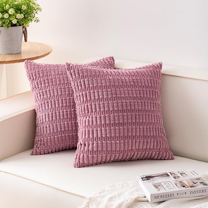 Aegero Pack of 2 Corduroy Decorative Throw Pillow Covers 16x16 Inch, Pink