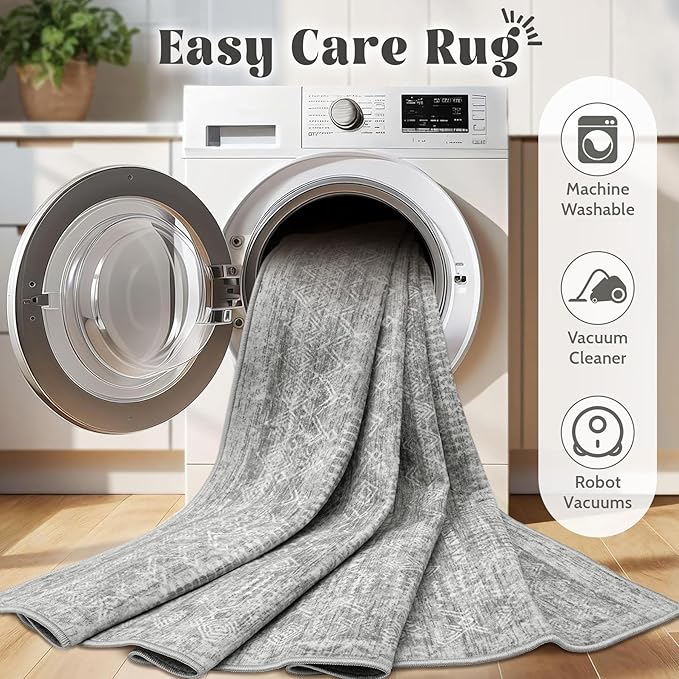 2x8 Washable Runner Rug: Moroccan Geometric Boho Rug Farmhouse Non Slip Stain Resistant Rugs Low Pile Soft Carpet for Porch Kitchen Laundry Room Living Room Bedroom (Grey,2'x8')