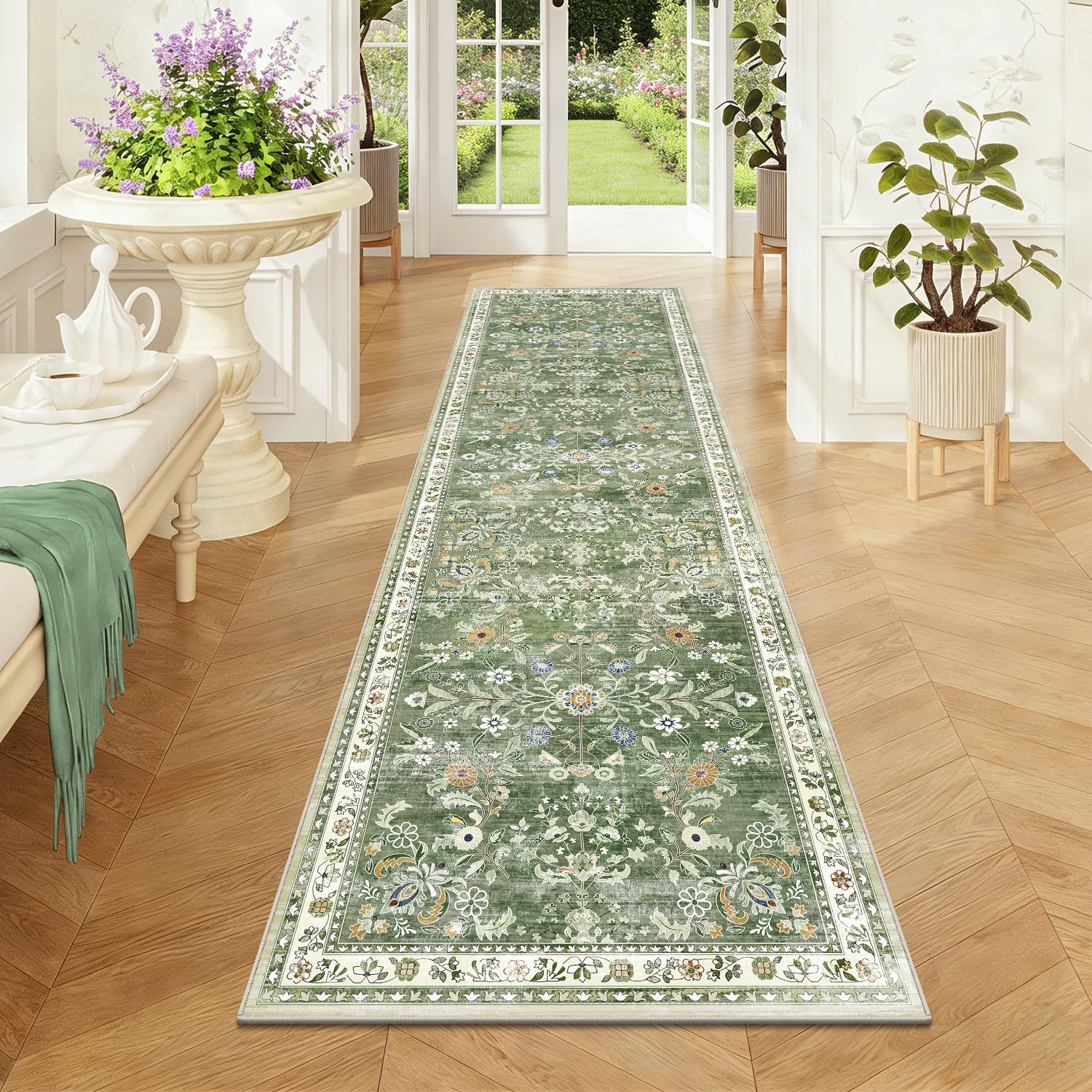 Yamaziot 2x7 Washable Hallway Runner Rug Non Slip Floral Carpet, Sage Green