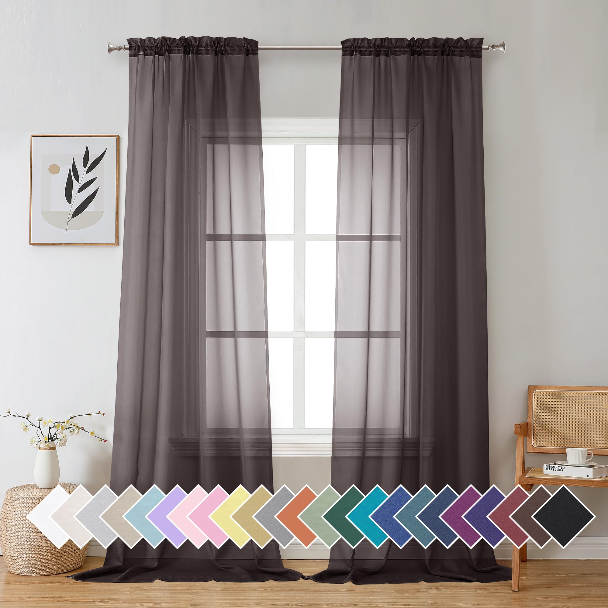 Aiyufeng Chocolate Brown Sheer Curtains 96 Inches Long 2 Panels, Solid Voile Rod Pockets Stylish Breathable Drapes Window Treatment for Kid's Room/Bedroom/Living Room, 42W x 96L, Chocolate Brown