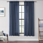 Navy Blue Curtains 63 inch Length for Bedroom Back Tab Light Filtering Semi Sheer Blue Living Room Curtains Linen Cotton Textured Indigo Blue Drapery Panel Modern Farmhouse Aesthetic Decor Dark Blue