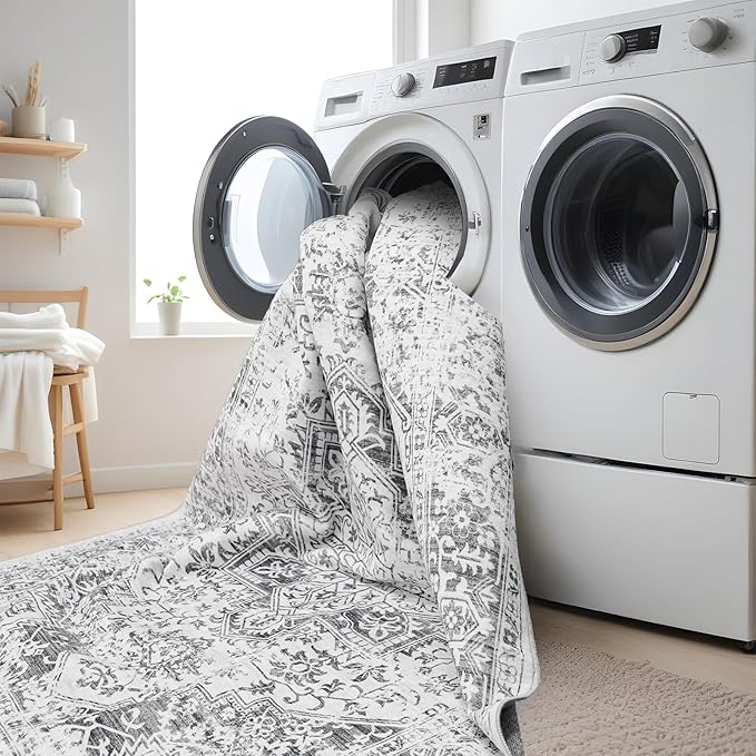 Washable 2'6''x8' Runner Rug - Non-Slip Vintage Runner Rug for Entryway Low-Pile Medallion Long Rugs for Hallway Waterproof Traditional Runner Rugs Indoor Thin Rug for Kitchen (Grey)