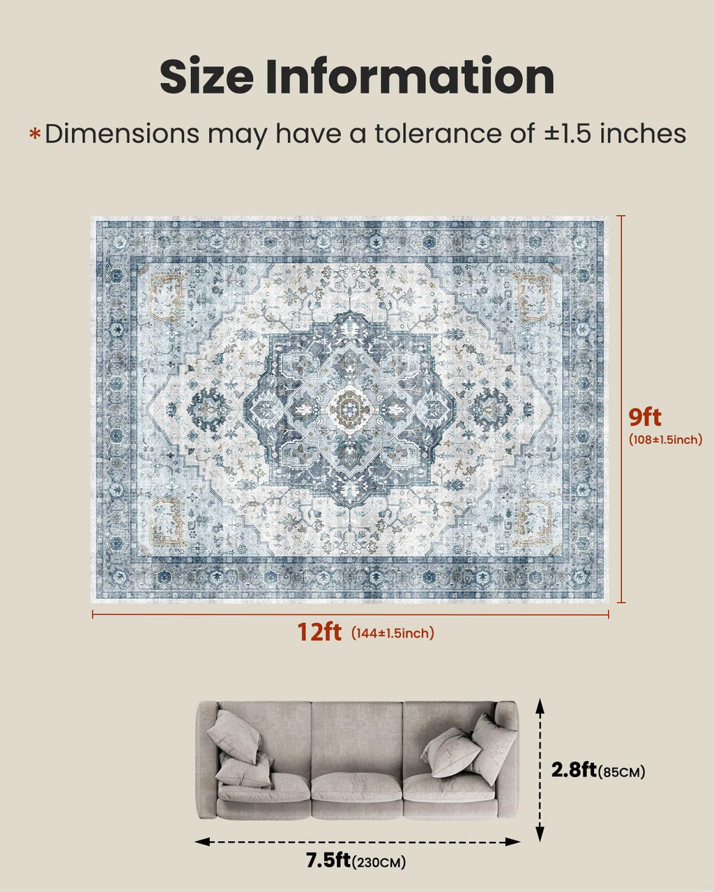 AMADA HOMEFURNISHING 9x12 Area Rug, Washable Low-Profile Large Area Rug with Non-Slip Backing & Durable Edge Binding, Vintage Large Rugs for Living Room, Bedroom
