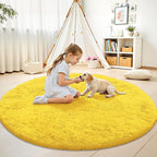 OLANLY Yellow Round Rugs for Bedroom - Machine Washable, 7 ft Circle Area Rugs for Living Room, Soft and Fluffy Shaggy Carpet for Teen Girl and Boys, Nursery Rooms, Dorms, Home Decor Aesthetic