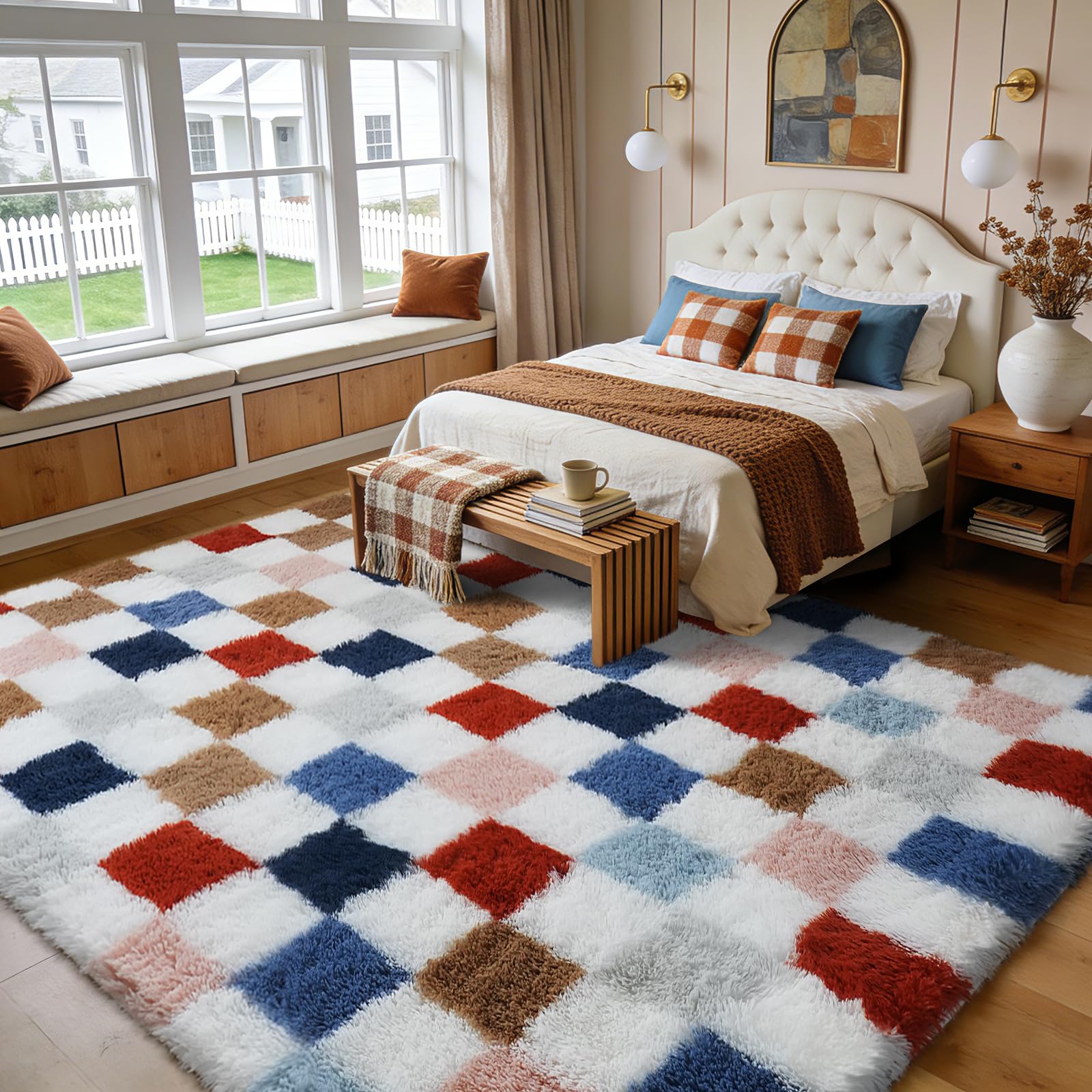 Shag Area Rug for Bedroom Living Room,6x9 Fluffy Soft Colorful Checkered Rug Fuzzy Shaggy Bedroom Carpet,Indoor Plush Floor Rugs for Teen Dorm Home Decor