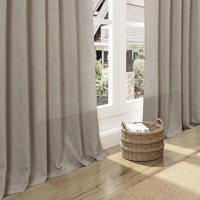 Nanspring Grey Beige Curtains 90 Inches Long for Living Room Linen Light Filtering Semi Sheer Curtain Back Tab Rod Pocket Simple Modern Neutral Elegant Boho Gray Drapes for Bedroom 52x90, 2 Panels