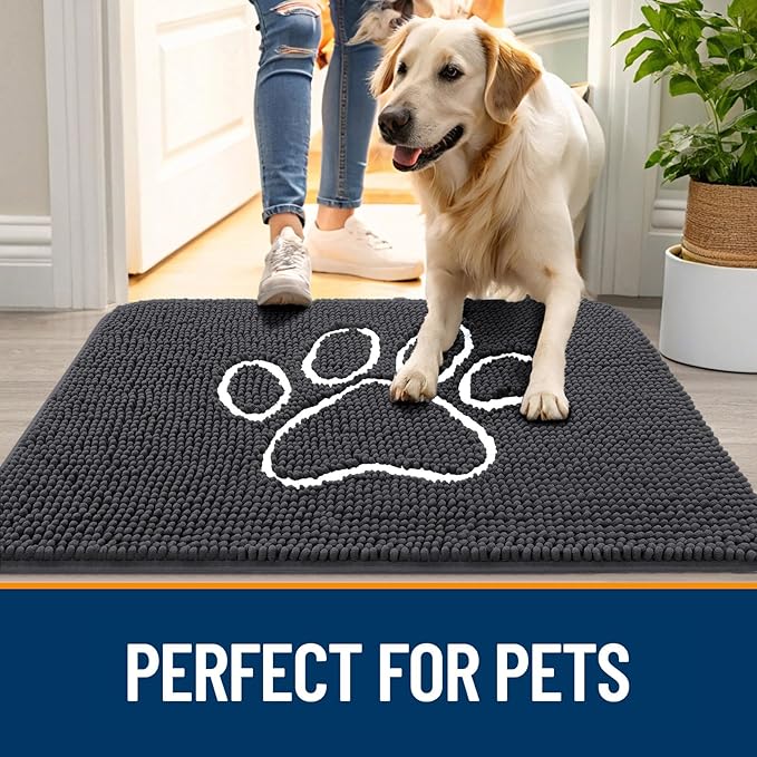 OLANLY Dog Door Mat for Muddy Paws 32x20, Paw Print Design Chenille Mud Mat