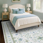 Hazo Haus Cream Oushak 7x9 Bedroom Rug - Boho Floral Cool Blue and Green, Washable Low Pile Non-Slip Ultra-Thin Large Area Rugs for Playroom, Bed Room, Living Room