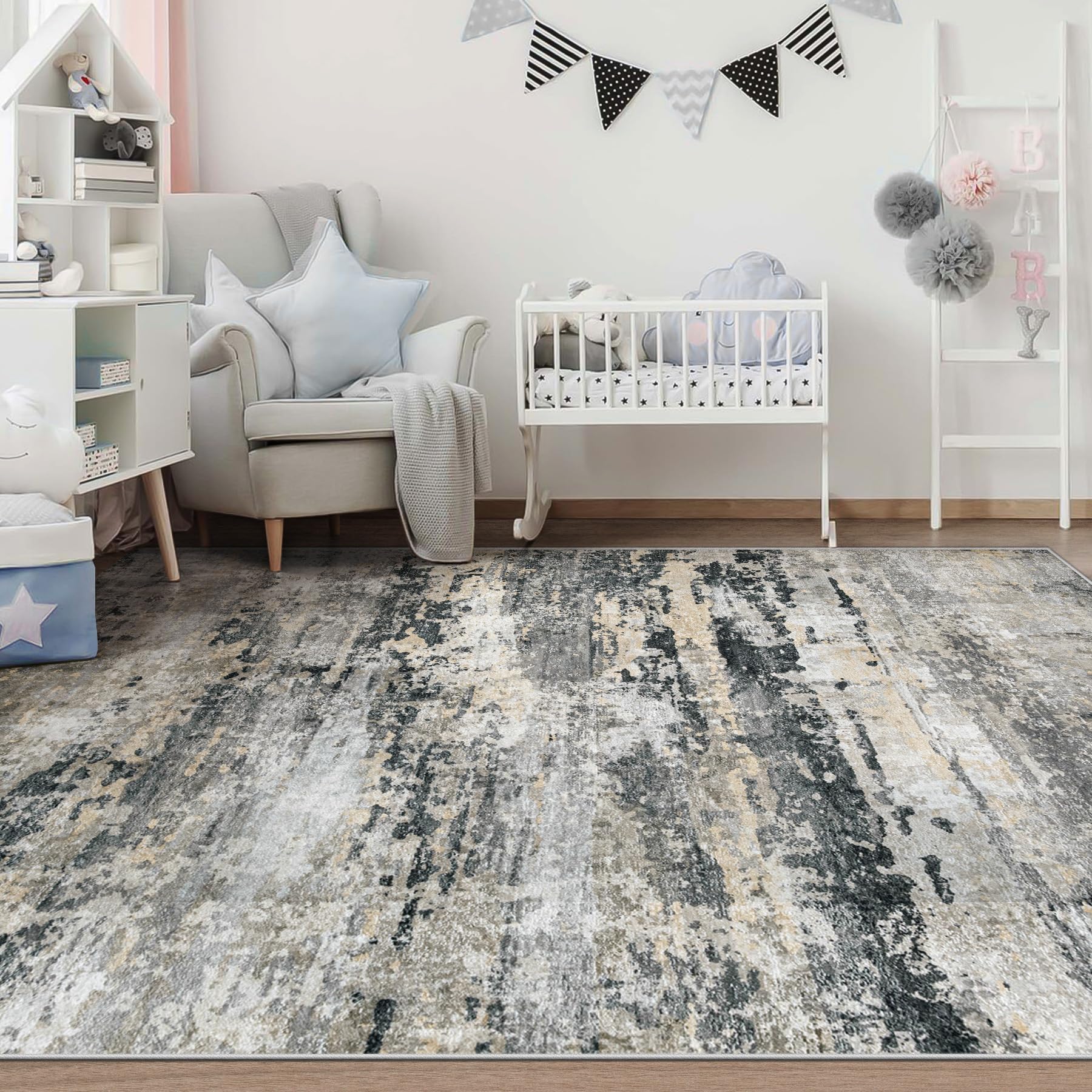 pmtsns Area Rugs 5x7 for Living Room: Washable Rug Modern Abstract Neutral Soft Non-Slip Low-Pile Indoor Carpet for Bedroom Dining Room Playroom Home Office (Black Grey Brown, 5'x7')
