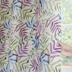 Yakamok Farmhouse Linen Curtains for Living Room 84 Inches Long,Texture Curtains Blue and Purple Grommet Leaves Plant Pattern Bedroom Curtain 2 Panels