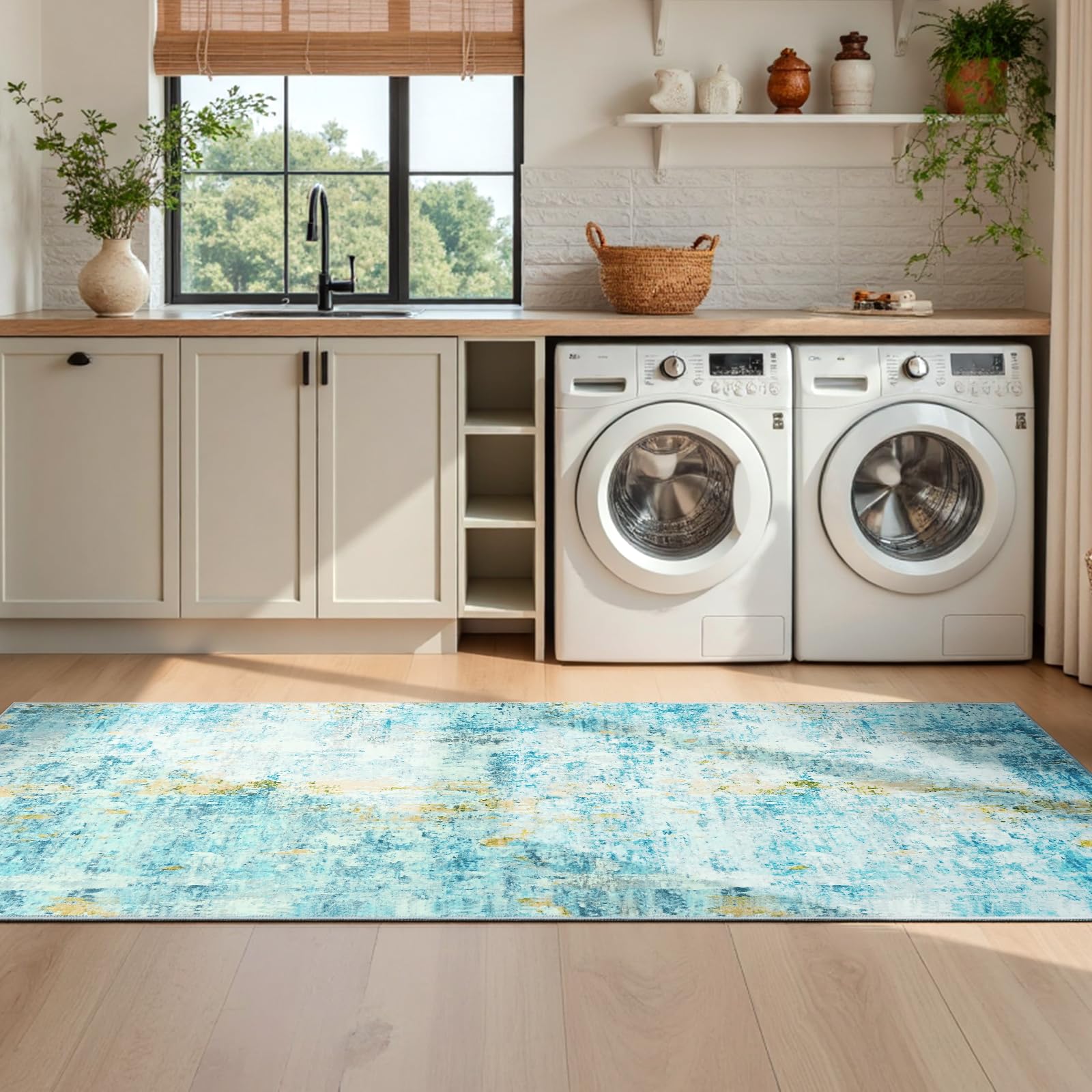 Runner Rug for Kitchen Teal Blue Hallways Runner Rug Non Slip 2'6''x8' Washable Long Runner Rugs with Rubber Backing Soft Abstract Carpet Runner for Entryway, Kitchen, Bedroom, Bathroom