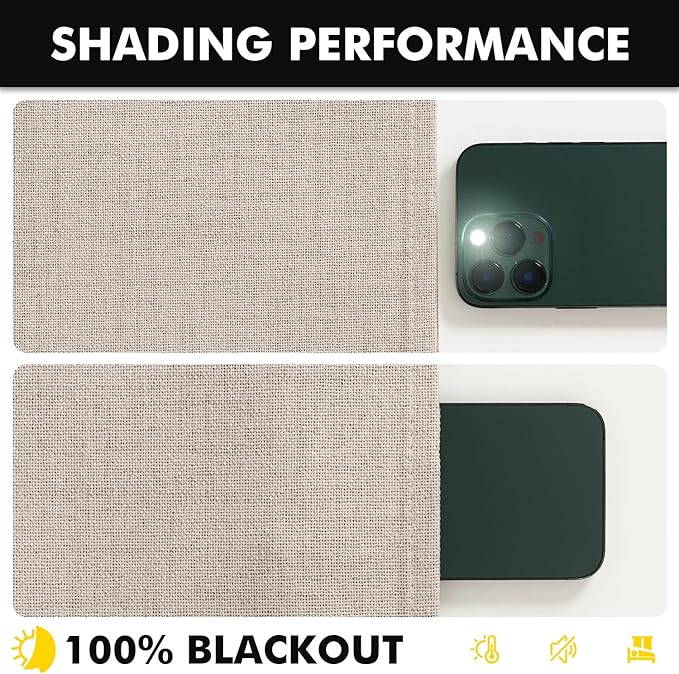 MIULEE 100% Blackout Linen Curtains for Bedroom, Beige Solid Luxury Decor Thermal Insulation Room Darkening Drapes for Living Room Nursery Back Tab Rod Pocket 42 x 90 Inches, 2 Panels