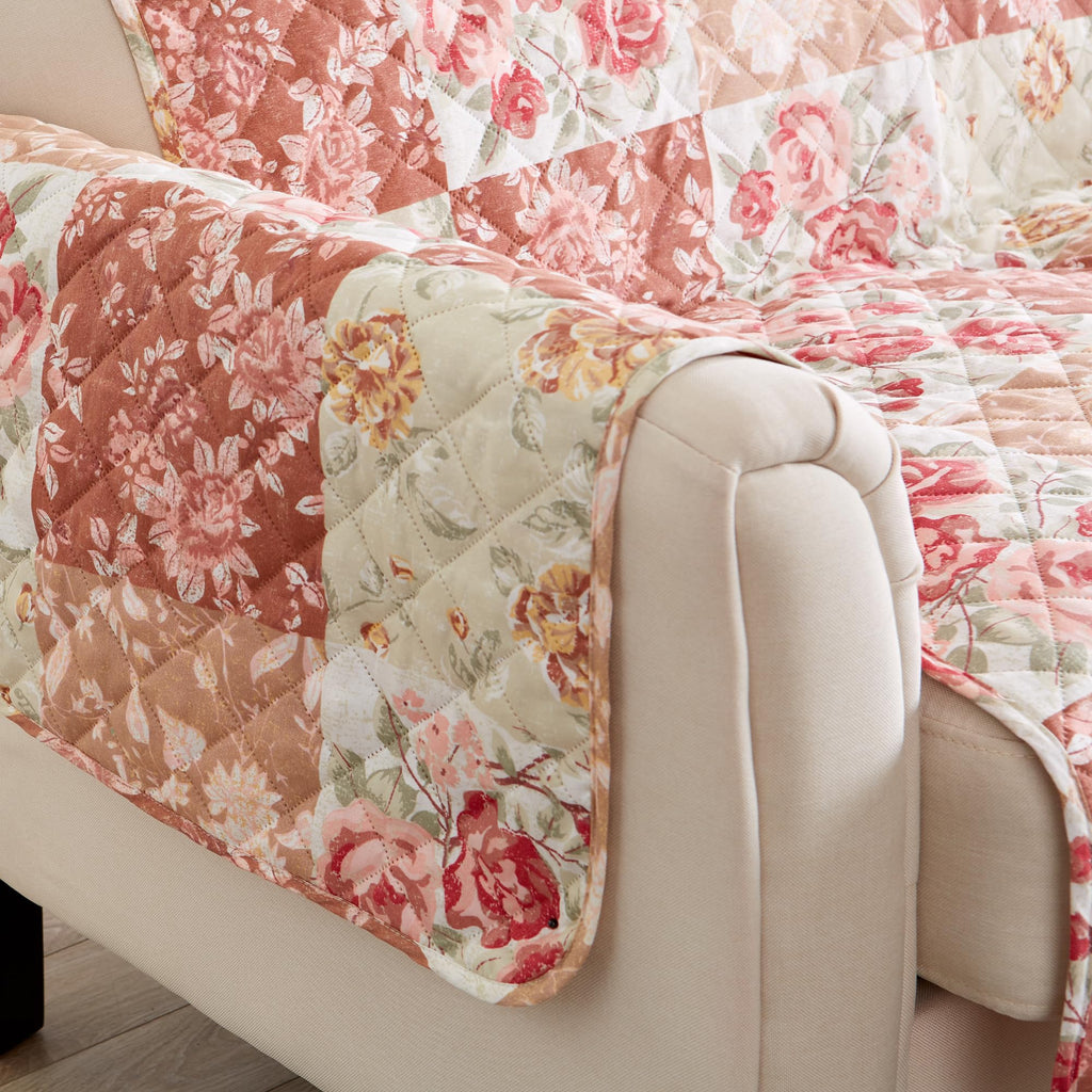 Great Bay Home Reversible Floral Patchwork Sofa Furniture Protector - Machine Washable, Scalloped Edge, Stain Resistant, Printed Furniture Cover for Dogs, Kids, and Pets (Burgundy/Taupe)