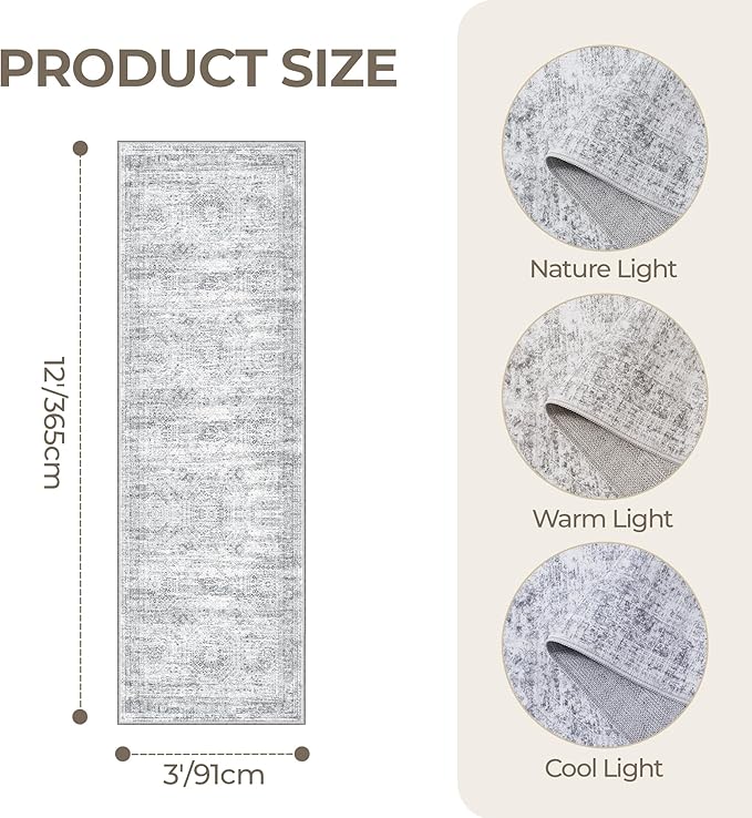 3x12 Runner Rug for Hallway, Non-Slip Long Bathroom Rugs Runner for Kitchen, Bedroom, Soft Vintage Abstract Washable Rug for Entryway, Thin Floor Mat for Dining Room(3'x12', Grey/Ivory)