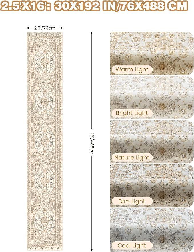 Restydon Washable Runner Rug 2.5x16, Non-Slip Long Kitchen Rugs,Cream/Beige