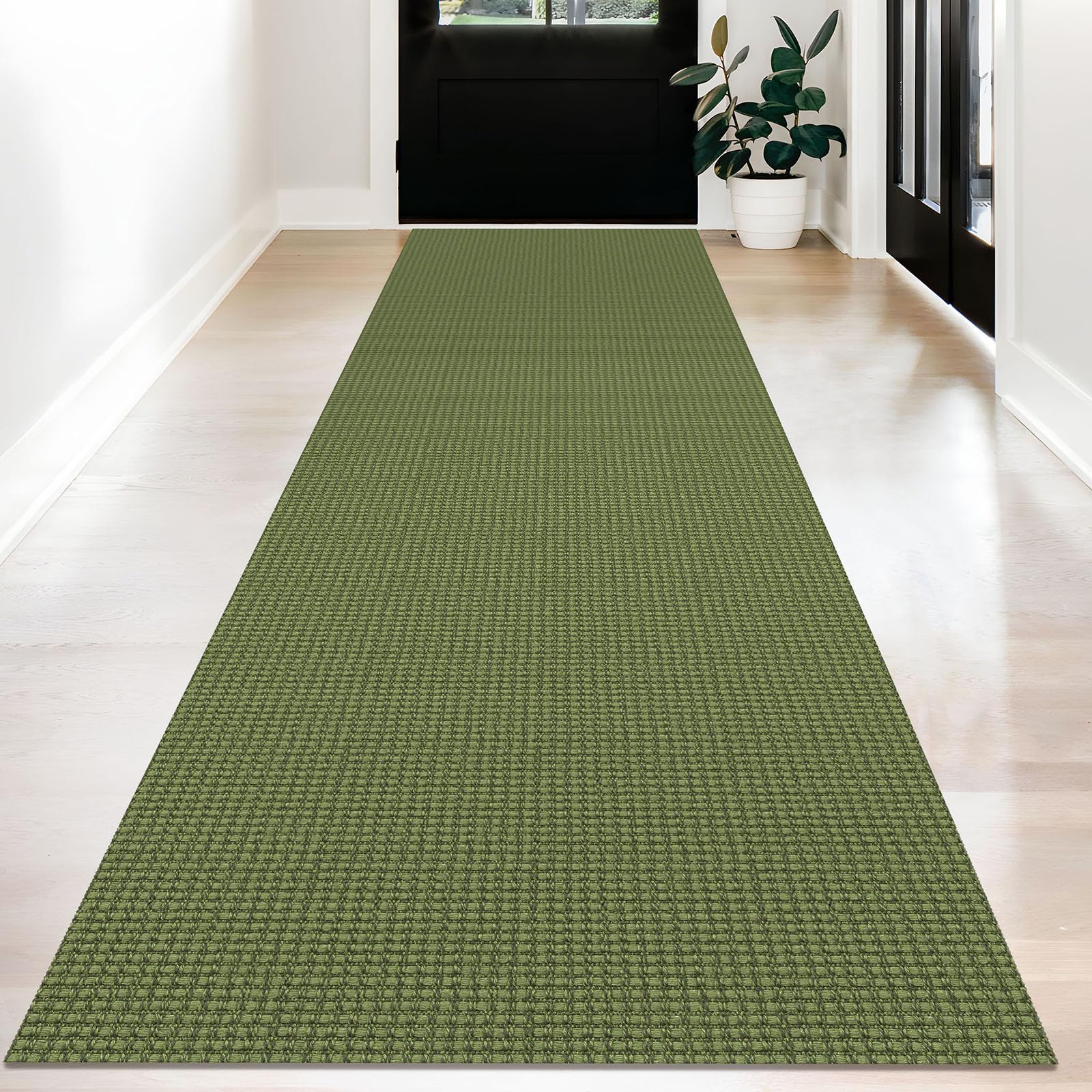 KOZYFLY Long Runners for Hallways 3x12 ft Washable Kitchen Runner Non Slip Rubber Backed Hallway Rugs Cotton Entryway Runner Rug Floor Carpet for Indoor Hall, Kitchen, Olive Green/Earthy Green