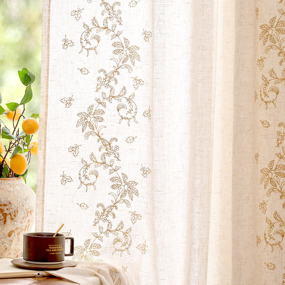 jinchan Floral Linen Curtains 84 Inch Farmhouse Back Tab 2 Panels