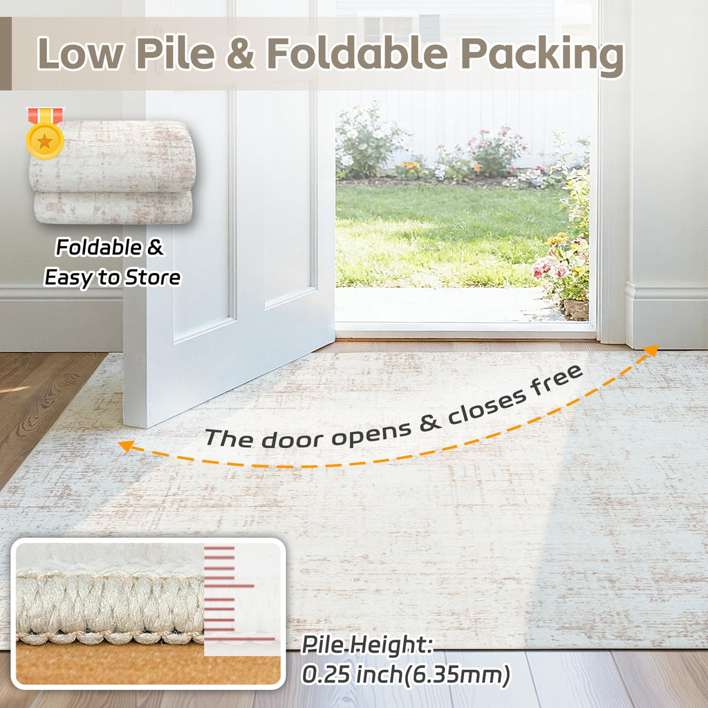 9x12 Washable Area Rug for Living Room Bedroom: Non-Slip Modern Beige White