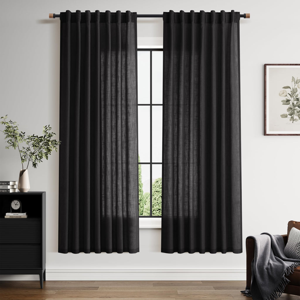 Vintage Black Linen Curtains for Living Room 72 Inches Long Light Filtering Semi Sheer Curtain Back Tab and Rod Pocket Privacy Luxury Gothic Vintage Decor Drapes for Bedroom Office 52x72, 2 Panels