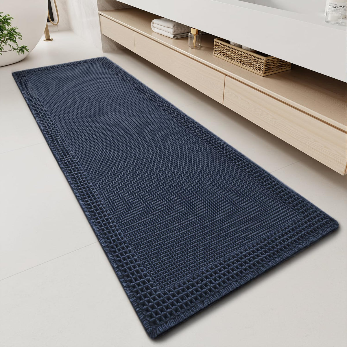 RESARE Waffle Bathroom Runner Rugs, Non Slip Boho Bath Mat 24"x60" Green