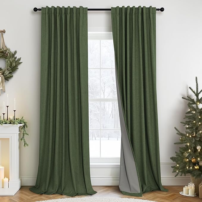 Olive Green Blackout Curtains for Bedroom 96 Inches Long Floor Length 2 Panel Vintage Earth Tone Earthy Academia Dark Out Curtain for Sliding Doors Living Room Darkening Thermal Linen Drape Army Green
