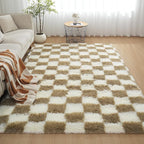 Checkered Area Rugs for Living Room 8x10, Fluffy Beige and White Checkered Rug Fuzzy Shag Shaggy Carpets for Bedroom, Soft Plush Furry Rug for Boy Girls Room Dorm Home Decor