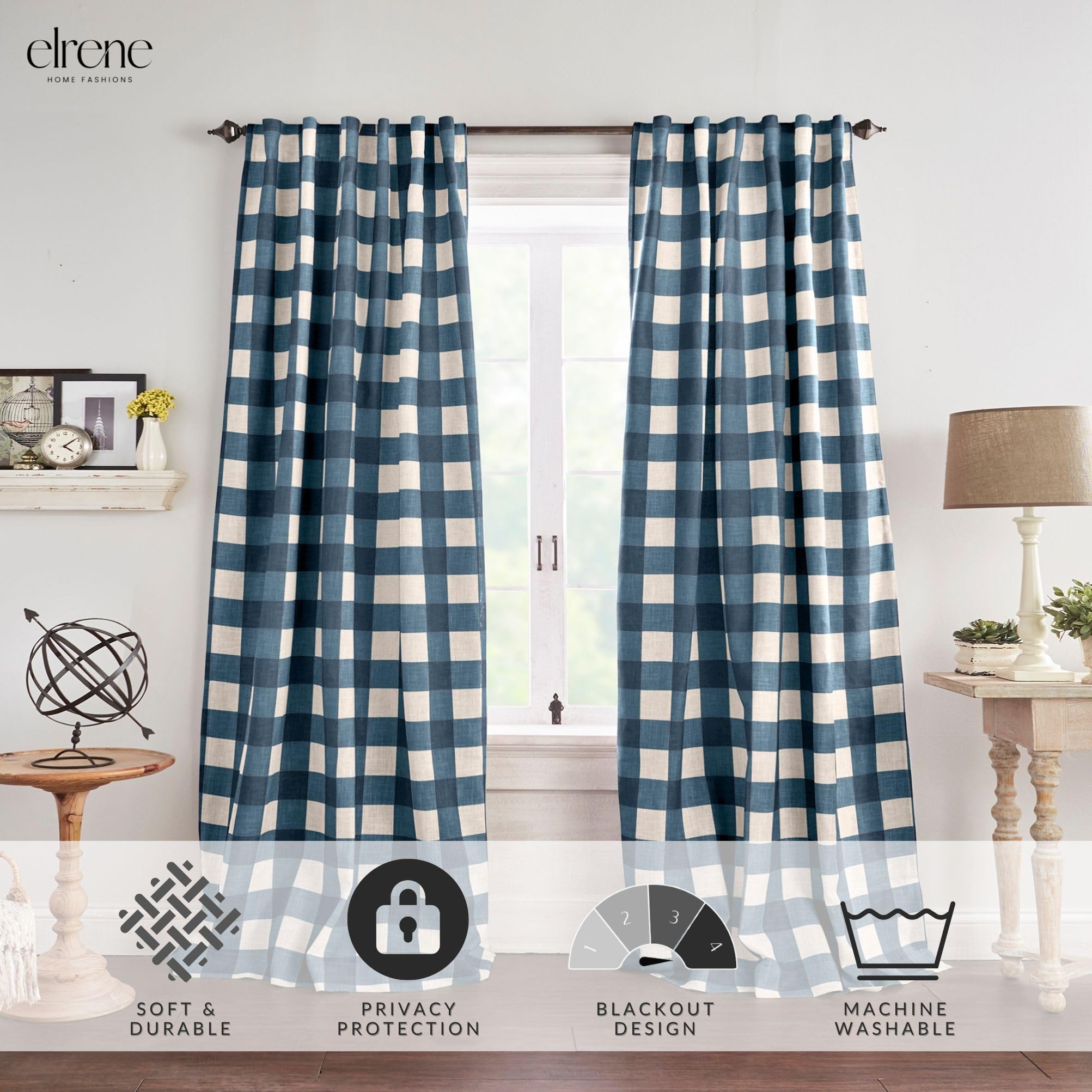 Threadmade Grainger Buffalo Check Blackout Window Curtain, Indigo - 52" W x 84" L