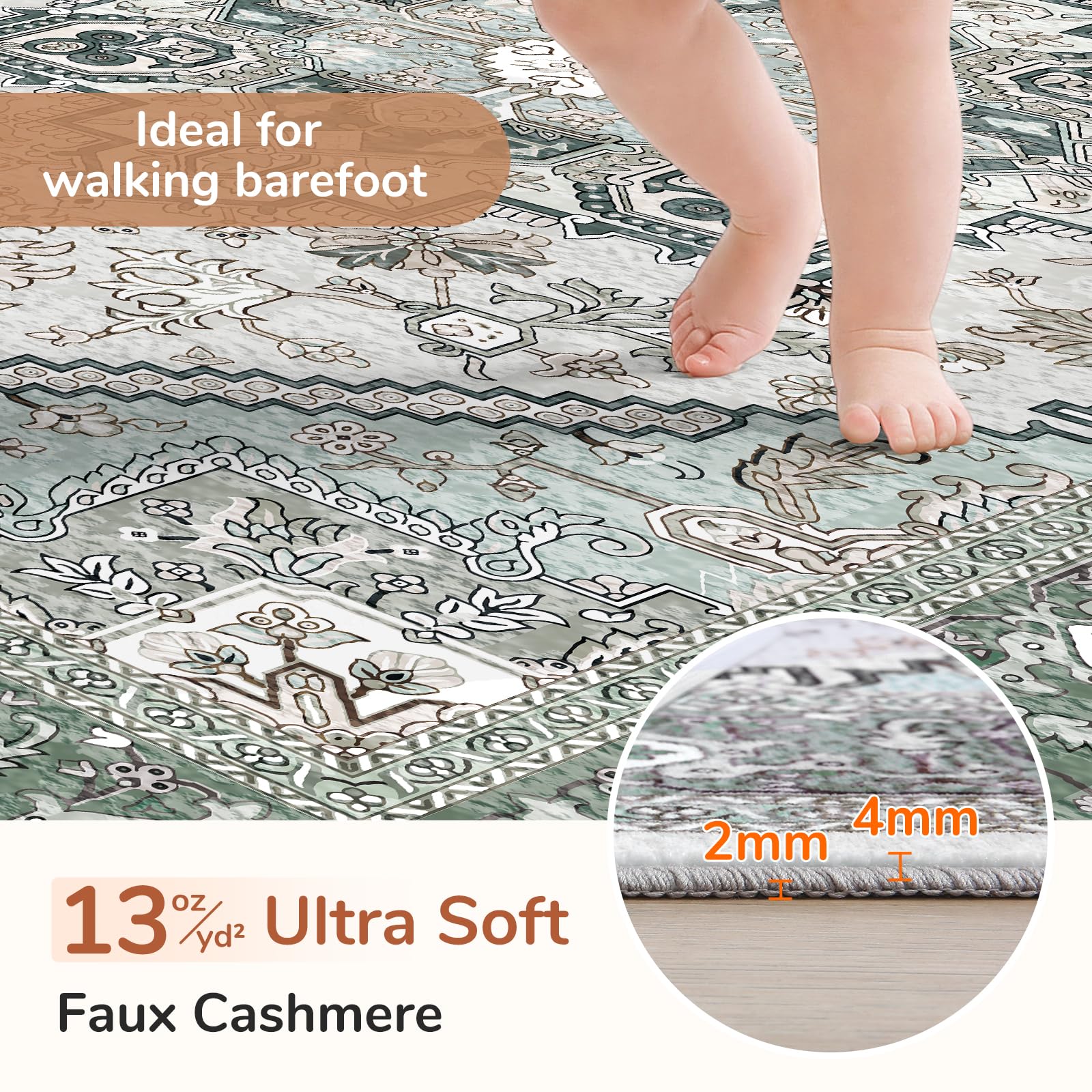 OPPODREAM Soft Area Rugs 2x6, Persian-Inspired Washable Rug, Green